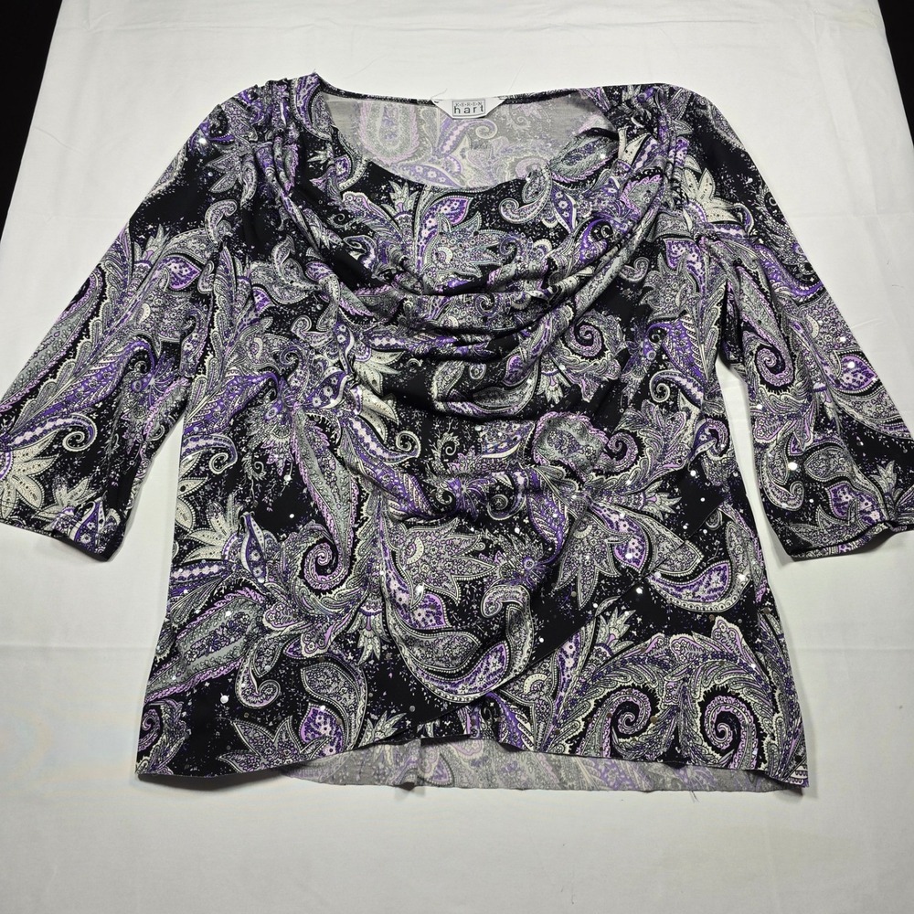Keren Hart Paisley Sequin 3/4 Sleeve Blouse Women's Purple‎ Black